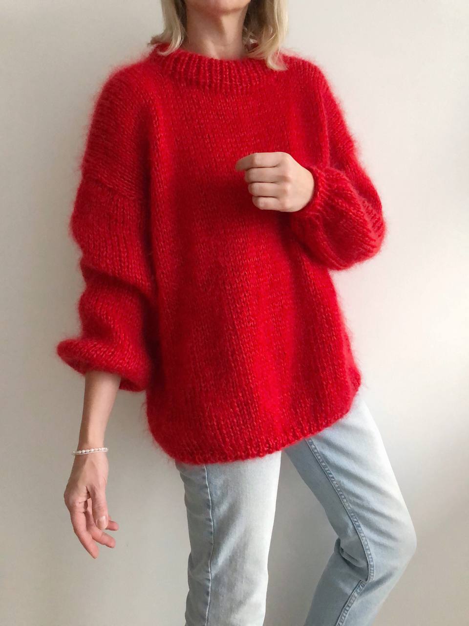 Mohair Woman Sweater. Hand Knitted Women Red Sweater