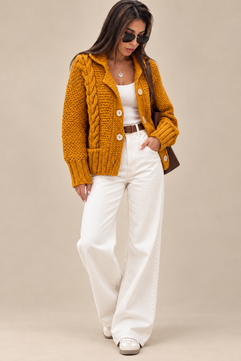 Cable Knit Camel Wool Cardigan – Hand-Knitted Statement Knit