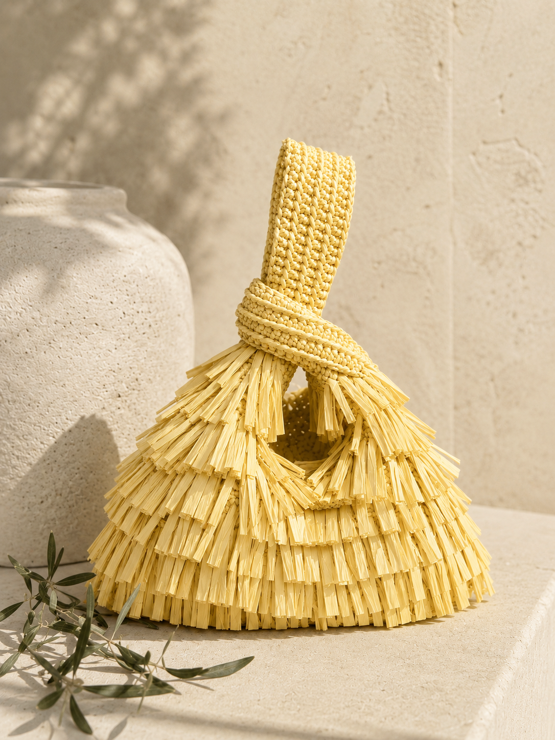 Raffia Fringe Knot Tote Bag