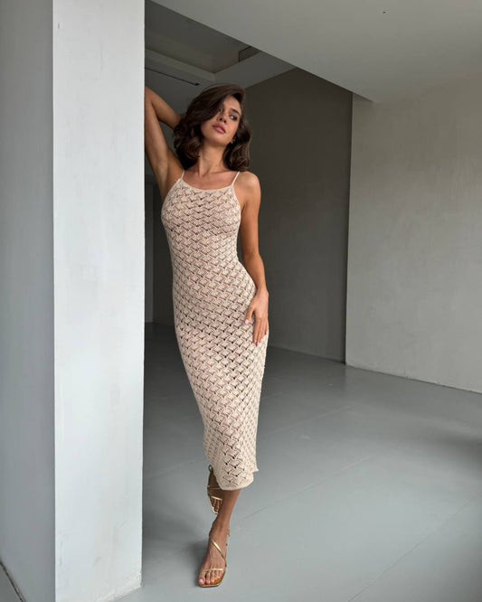 Elegant Crochet Midi Dress with Open Back & Side Slit — 100% Cotton, Casual Resort Summer Beachwear