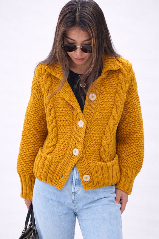 Cable Knit Camel Wool Cardigan. Trendy Women Cable Knit Hand Knitted Jacket