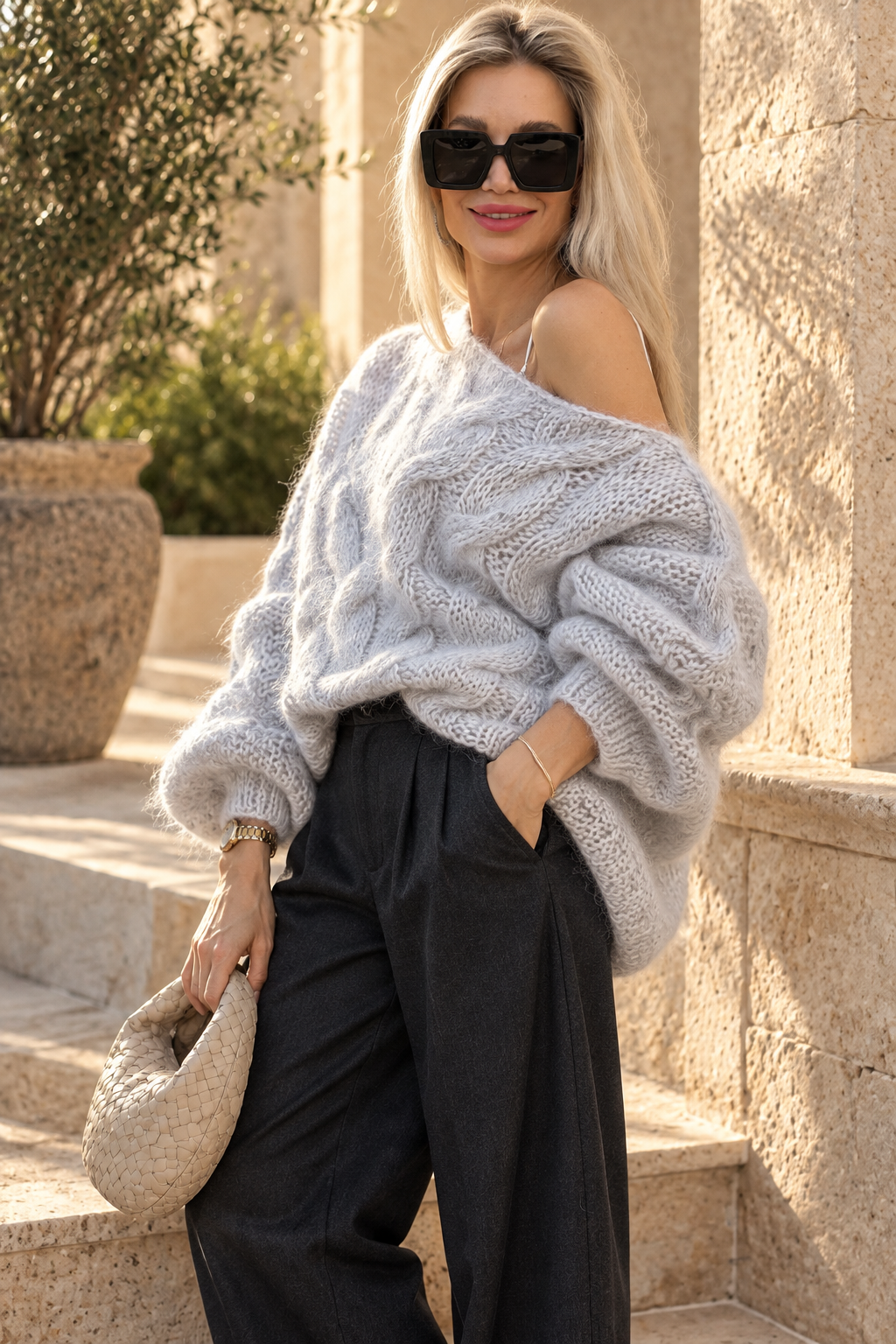 Hand-Knitted Mohair Oversized Sweater – Soft Gray