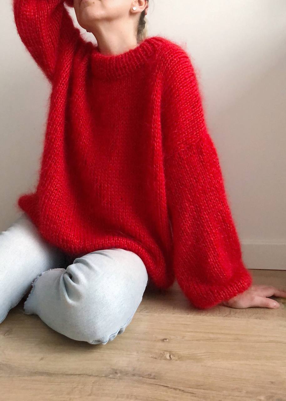 Mohair Woman Sweater. Hand Knitted Women Red Sweater