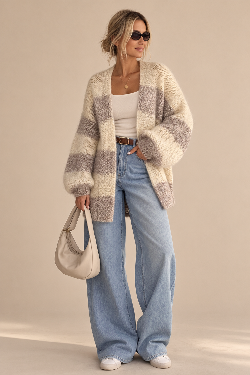 Soft Stripe Mohair Cardigan – Oversized Cream & Taupe Knit