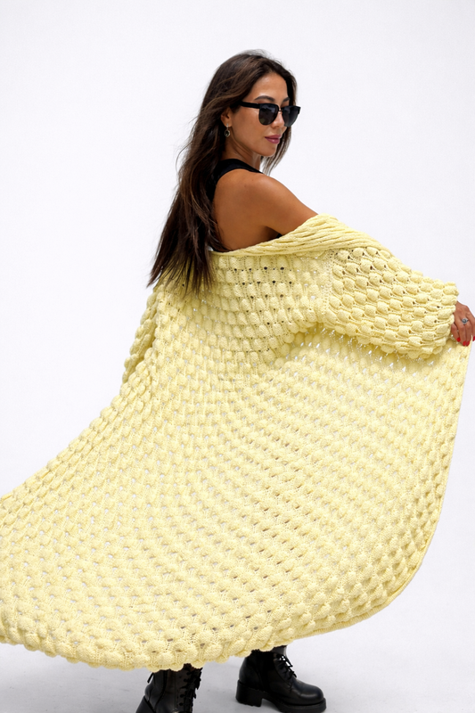 Long Oversized Hand Knitted Yellow-Lemon Cotton Cardigan