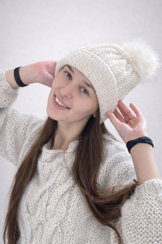 Handmade White Wool Beanie with Faux Fur Pom-Pom