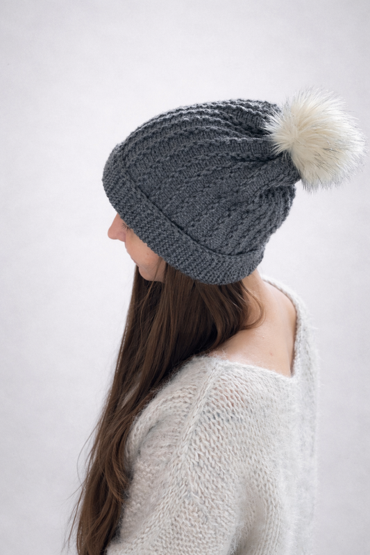 Handmade Grey Wool Beanie with Faux Fur Pom-Pom