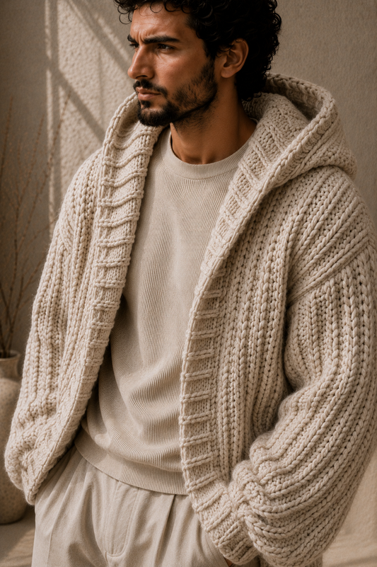 The Hudson Hooded Oat Milk
Handmade Cardigan