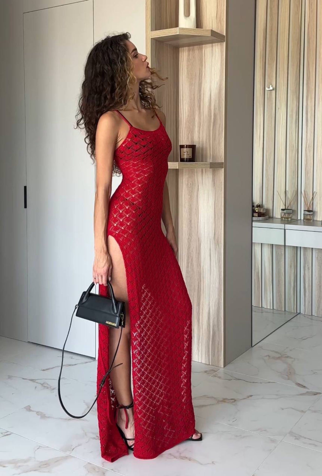 Elegant Crochet Maxi Dress with Open Back & Side Slit — 100% Cotton, Boho Summer Beachwear