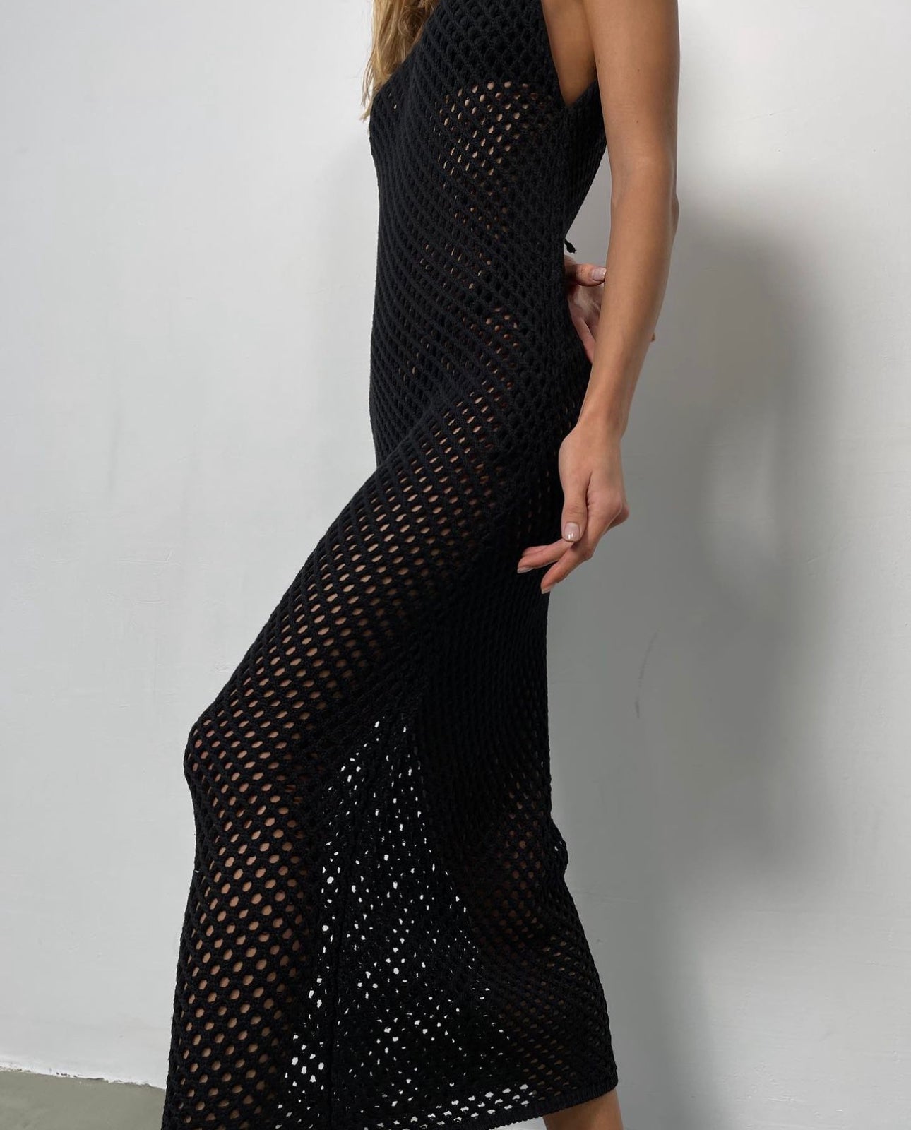 Black open work dress, crochet dress, summer coverup