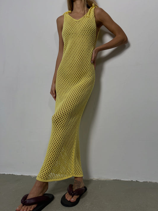 Yellow open work dress, crochet dress, summer coverup