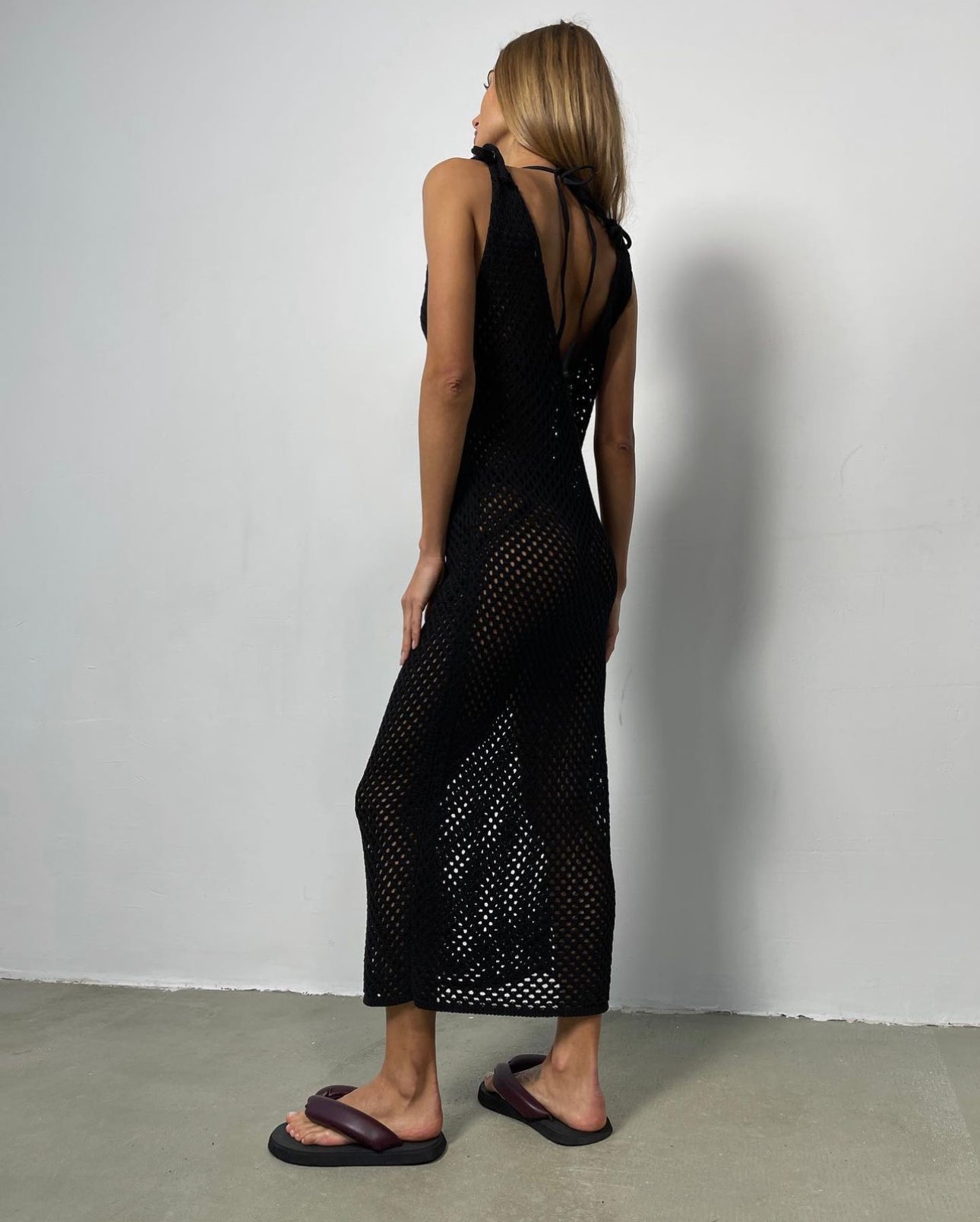 Black open work dress, crochet dress, summer coverup