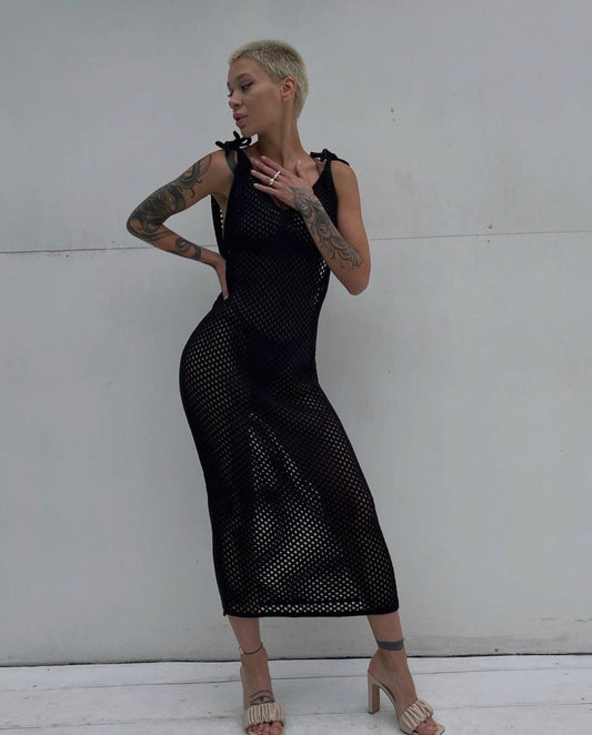 Black open work dress, crochet dress, summer coverup