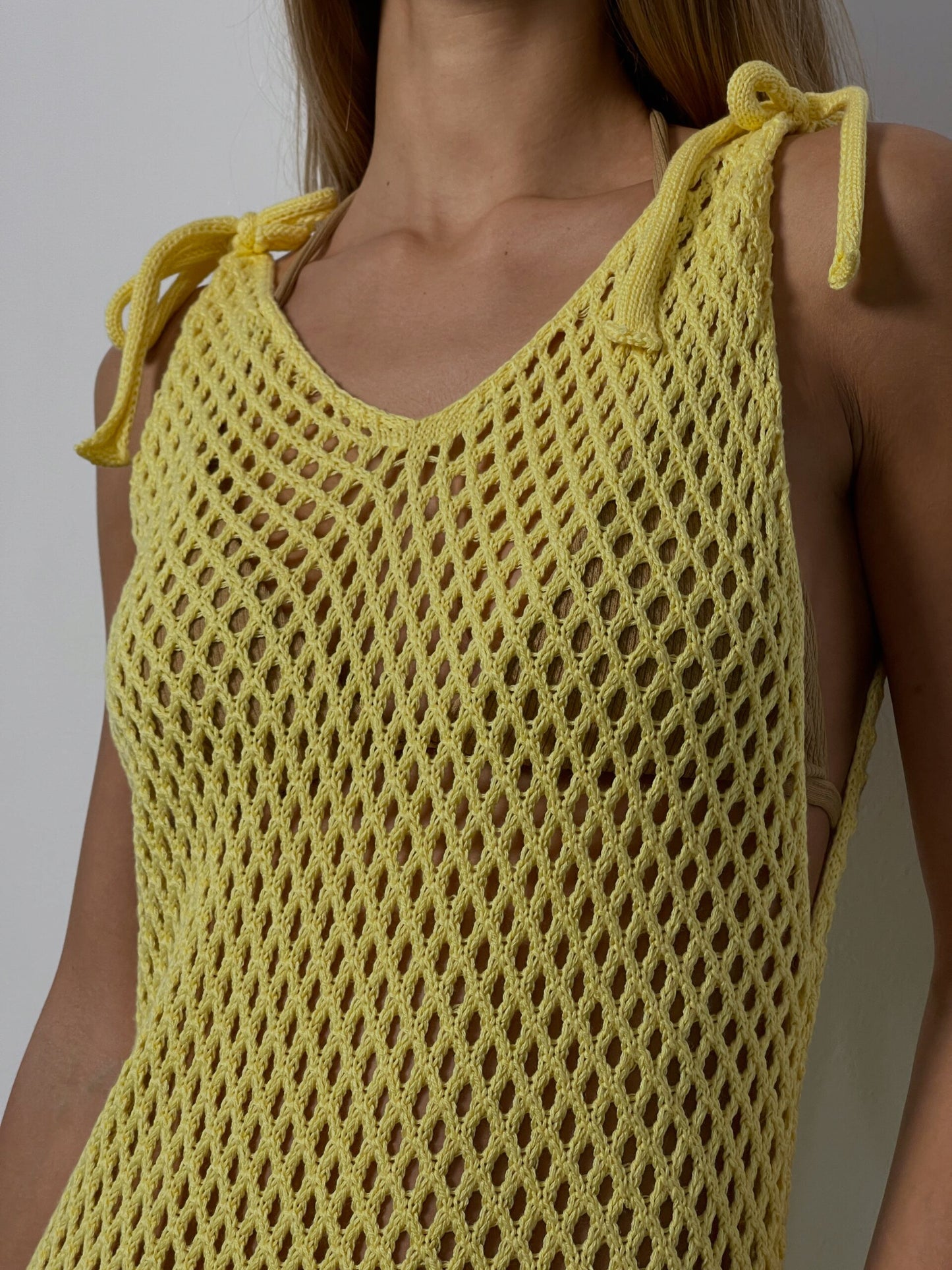 Yellow open work dress, crochet dress, summer coverup